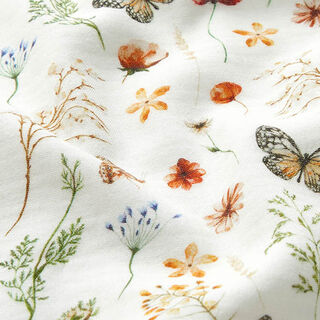 GOTS Mušelín / dvojitá mačkaná tkanina Květinová louka s motýly digitální potisk – vlněná bílá, 