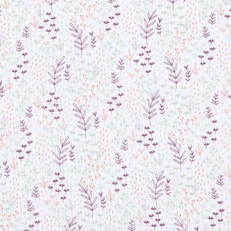 Mušelín / dvojitá mačkaná tkanina Listové úponky – bílá/barva lilku,  image number 1