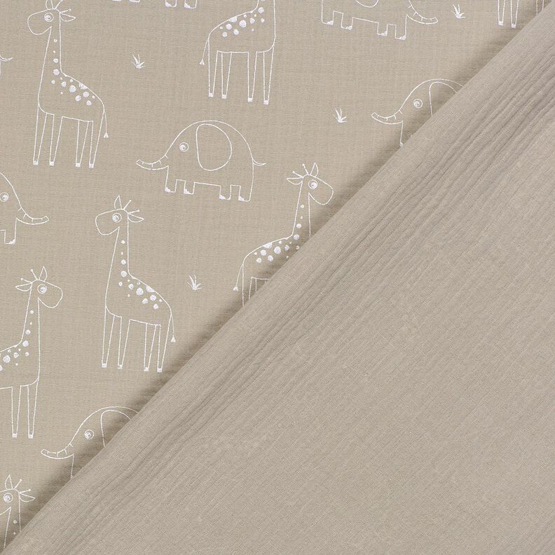 Mušelín / dvojitá mačkaná tkanina Velké žirafy a sloni – hedvábně šedá,  image number 4