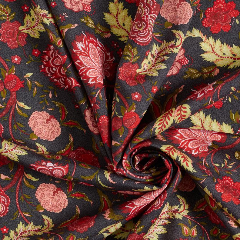 Viskózová tkanina Paisley květiny – antracitová/ohnivě červená,  image number 3