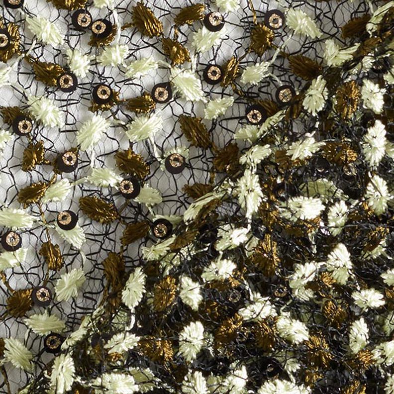 Krajková látka s květinovými úponky a pajetkami – černá/olivová,  image number 4