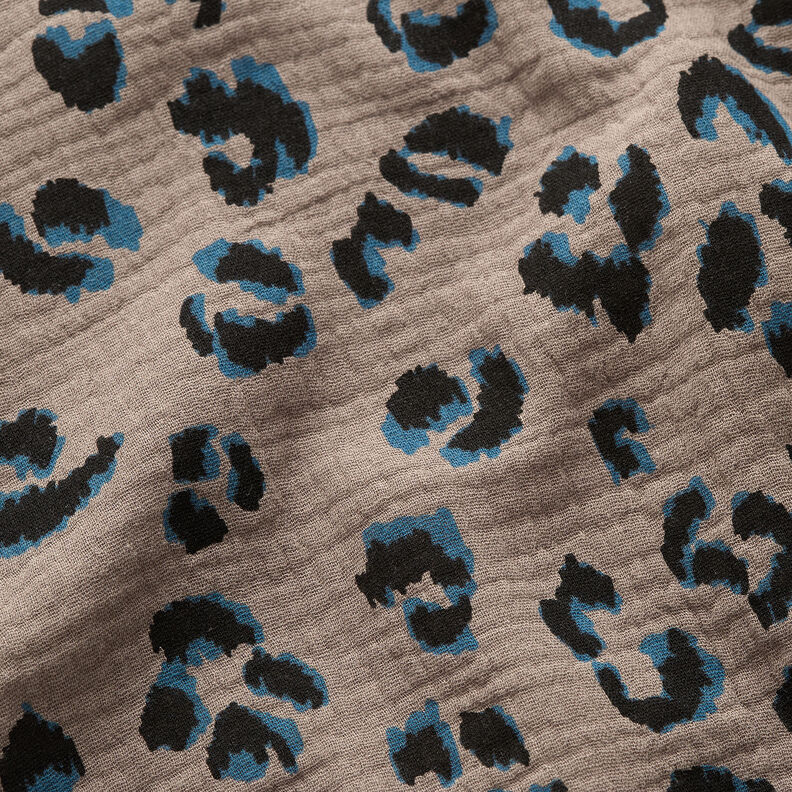 Mušelín / dvojitá mačkaná tkanina Leopard – taupe (šedohnědá)/petrolejová,  image number 2