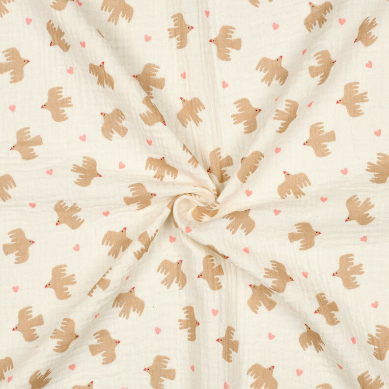 GOTS Mušelín / dvojitá mačkaná tkanina Ptáci a srdce | Poppy Fabrics – vlněná bílá, image number 4