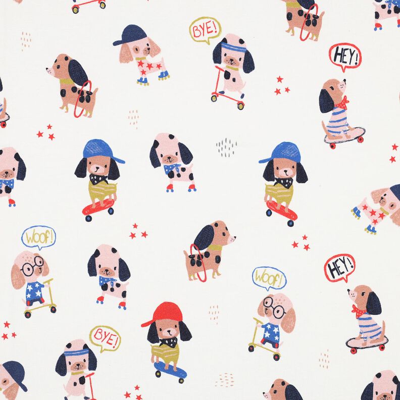 Bavlněný žerzej Pes na skateboardu digitální potisk | Poppy Fabrics – slonová kost/růžově zlatá, image number 1