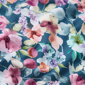 Francouzské froté letní teplákovina Akvarelová květinová louka digitální potisk – oceánská modrá, 