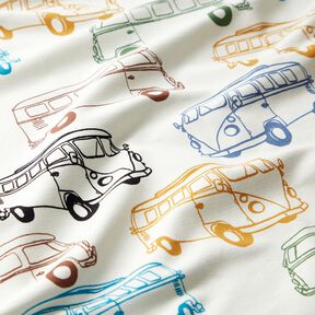 Francouzské froté letní teplákovina Barevné autobusy – vlněná bílá, 
