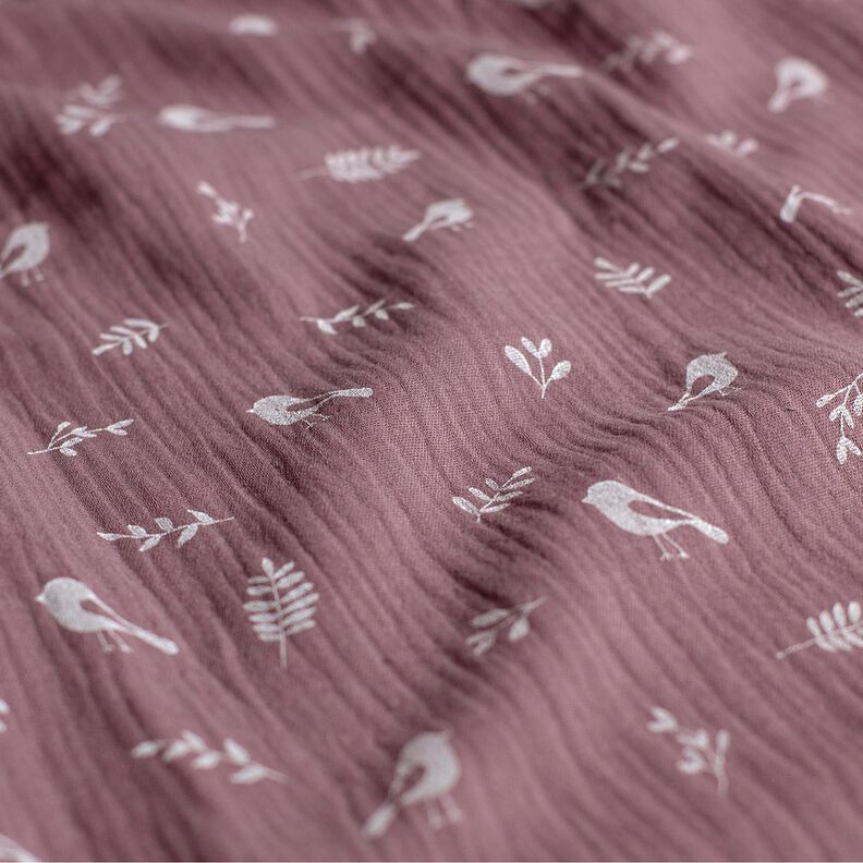 Mušelín / dvojitá mačkaná tkanina Větve a malí ptáci – barva lilku/bílá,  image number 2