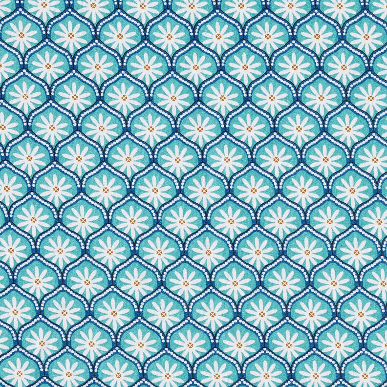Povrstvená bavlna Květinové kachle – modrá aqua/bílá,  image number 1