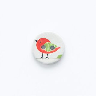 Knoflík s motivem ptáčka, 2dírkový [ Ø 15 mm ] – vlněná bílá/červená, 