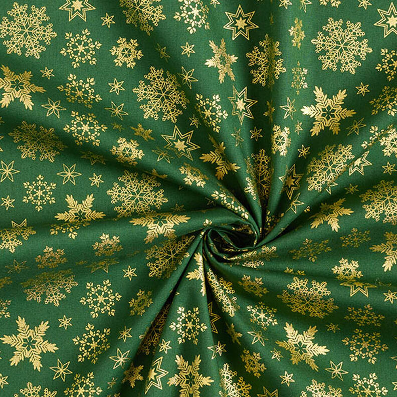 Bavlněná látka Popelín Sněhové krystaly – zelená/zlatá,  image number 3