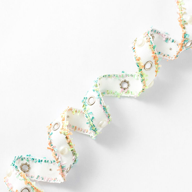 Tkaná stuha Očka a perličky [25 mm] – bílá/zelená neonová,  image number 1