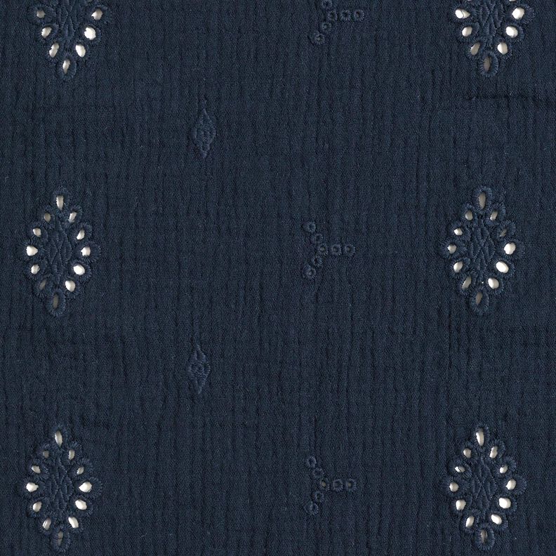 Mušelín / dvojitá mačkaná tkanina Dírková výšivka Kosočtverec – namornicka modr,  image number 1
