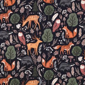 Teplákovina počesaná Zvířátka v lese digitální potisk | Poppy Fabrics – noční modrá, 