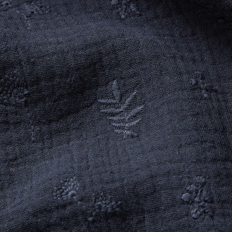 Mušelín / dvojitá mačkaná tkanina Výšivky květin a větví – namornicka modr,  image number 6