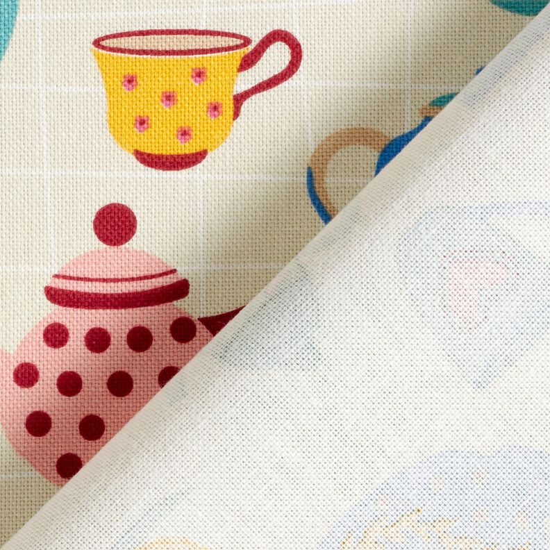 Dekorační látka Polopanama Čajové konvice – světle béžová/modrá,  image number 4