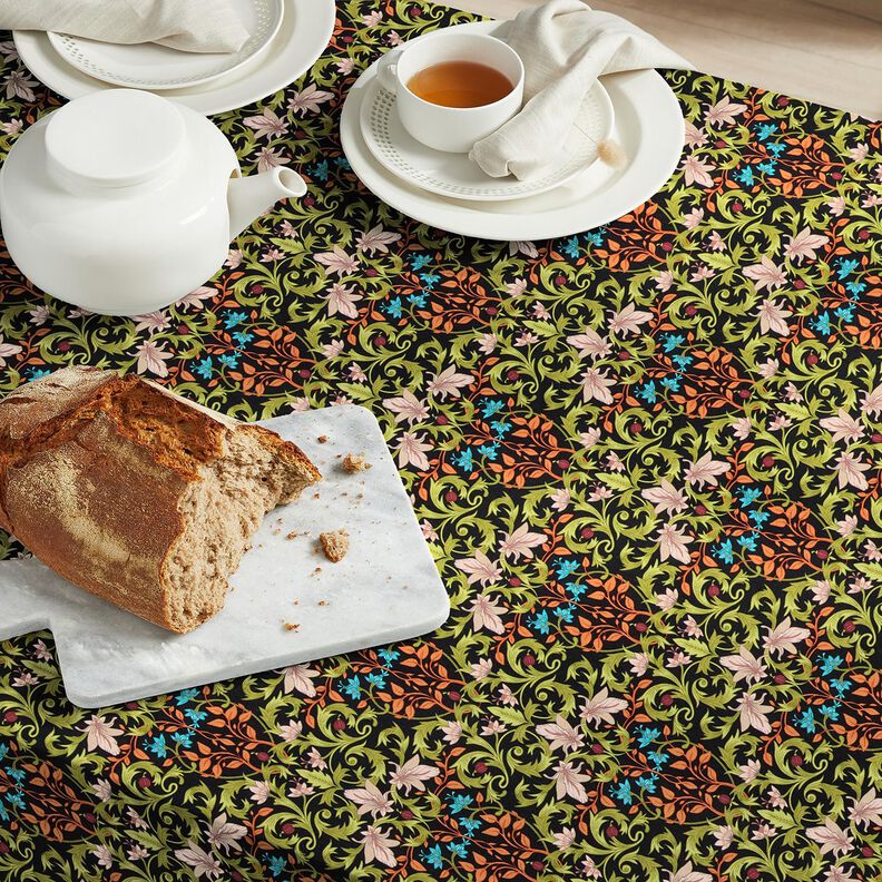 Dekorační látka Polopanama Lístkové ornamenty – černá/piniová,  image number 6