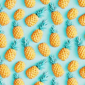 Bavlněná látka Popelín Ananas – modrá aqua/žlutá, 