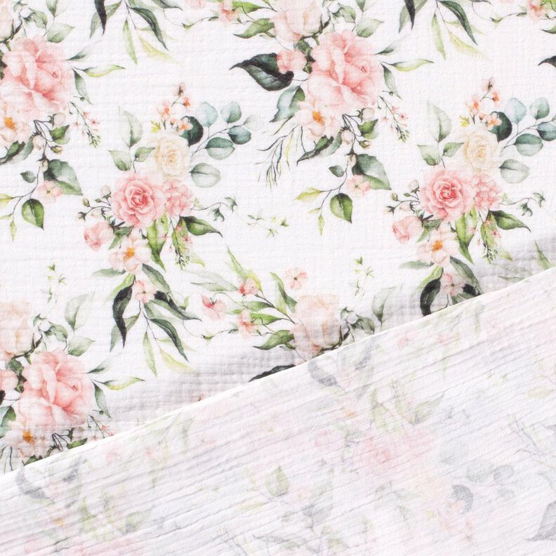 Mušelín / dvojitá mačkaná tkanina Akvarel růžové vinné révy digitální potisk – bílá,  image number 4