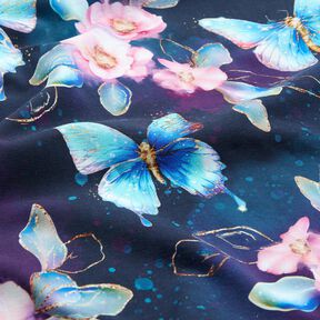 Bavlněný žerzej Třpytiví motýli a květiny | Glitzerpüppi  – noční modrá/ledově modrá, 