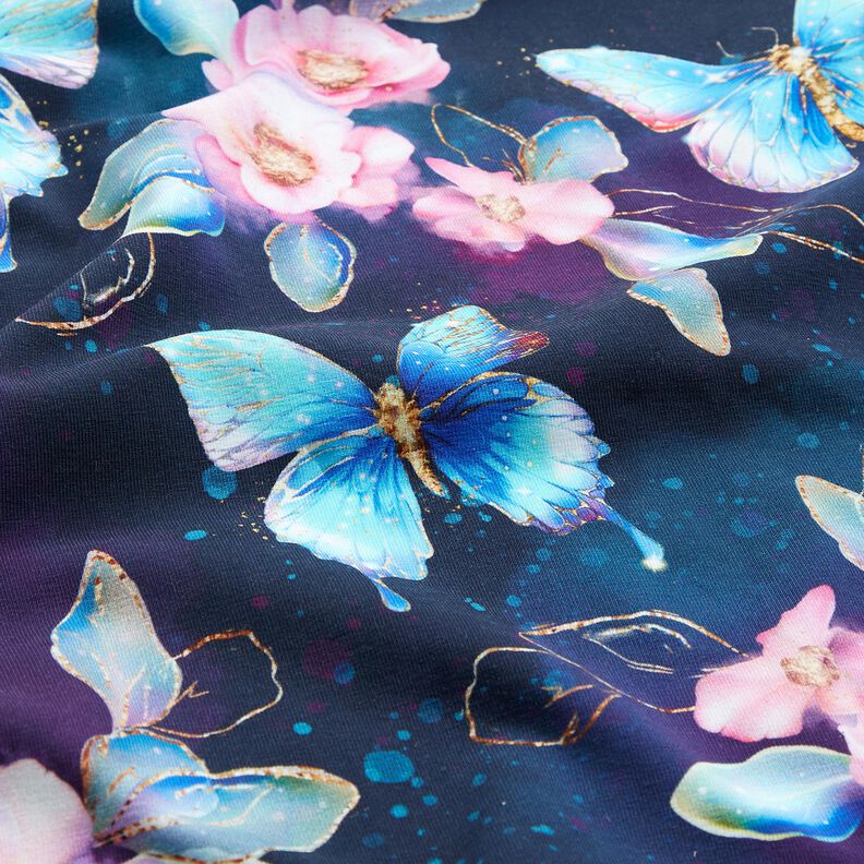 Bavlněný žerzej Třpytiví motýli a květiny | Glitzerpüppi  – noční modrá/ledově modrá,  image number 2