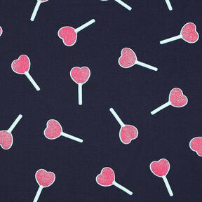 Bavlněný žerzej Lízátka ve tvaru třpytivých srdíček | Poppy Fabrics – noční modrá, 