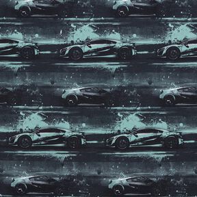 Bavlněný žerzej Závodní auto digitální potisk – černá/perlově šedá, 