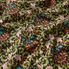 Dekorační látka Polopanama Lístkové ornamenty – černá/piniová, 