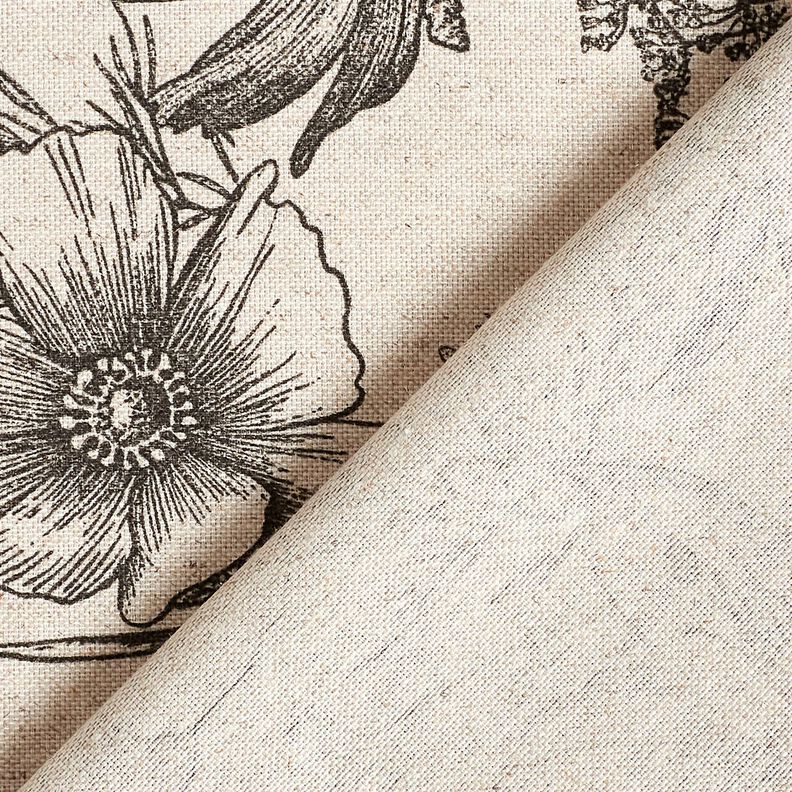 Dekorační látka Polopanama Květiny a trávy – přírodni/černá,  image number 5