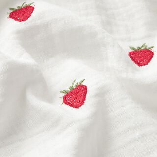 Mušelín / dvojitá mačkaná tkanina Vyšívané jahody – bílá, 
