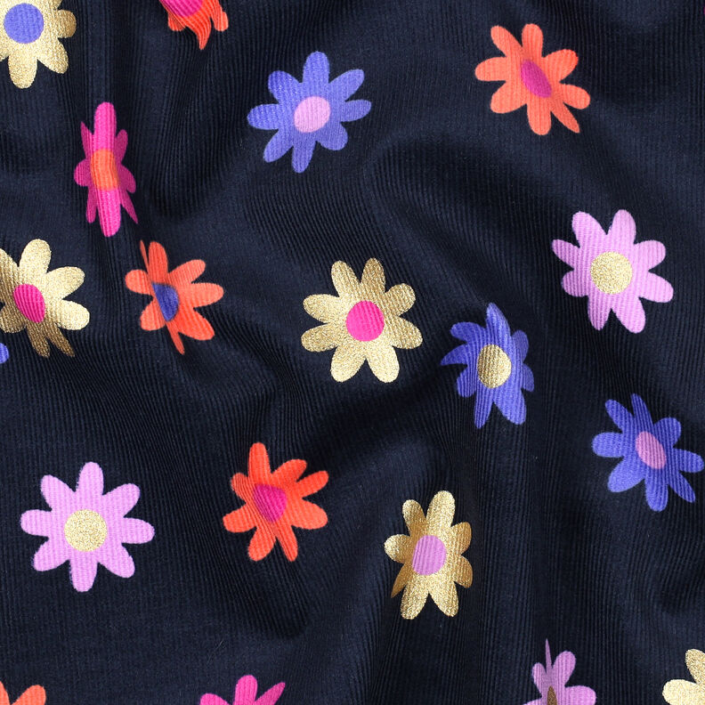 Dětský manšestr Květiny s třpytivým potiskem | Poppy Fabrics – namornicka modr, image number 2