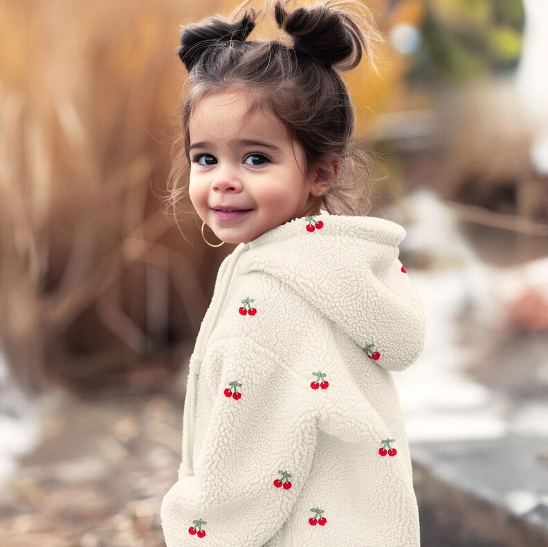 Plyš teddy Vyšívané třešně | Poppy Fabrics – slonová kost/chili, image number 5