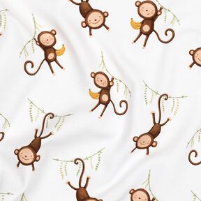 GOTS Bavlněný žerzej Opice v džungli digitální potisk | Poppy Fabrics – bílá/tmavě hnědá, 