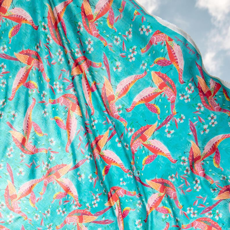 Plážové oblečení viskózové látky pávi a květiny – modrá aqua/výrazná jasně růžová | Zbytek 50cm,  image number 6
