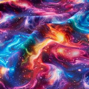Francouzské froté letní teplákovina Galaxie digitální potisk – modrofialková/ohnivě červená, 