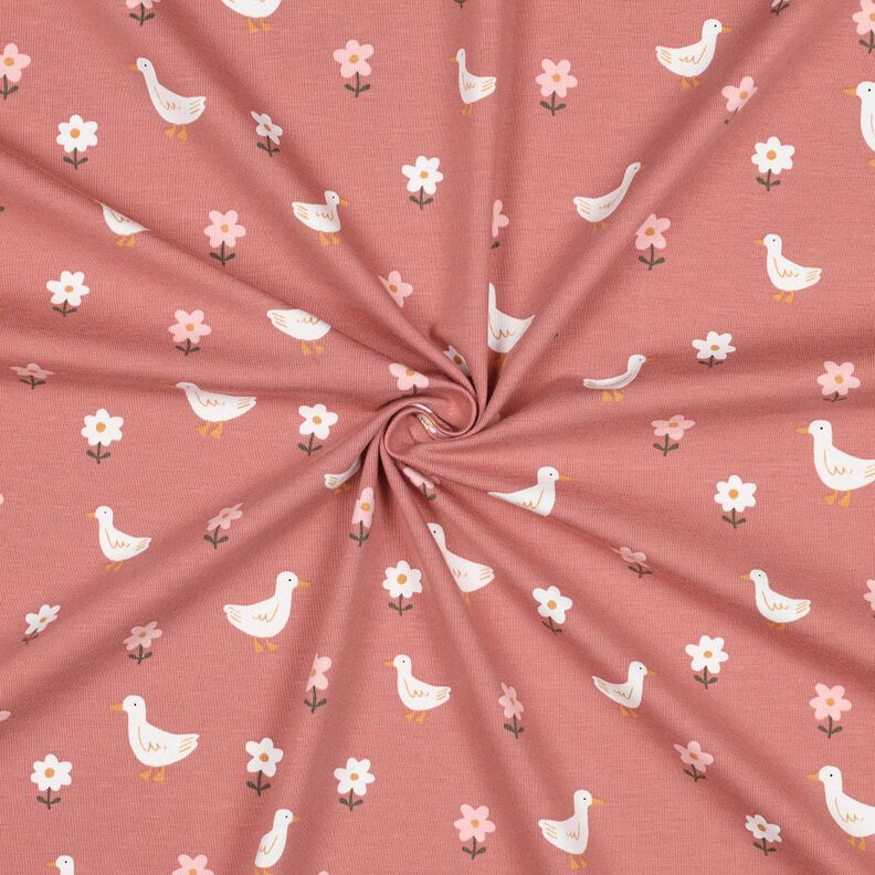 Bavlněný žerzej Husy na květinové louce | Poppy Fabrics – tmavě starorůžová/bílá,  image number 3