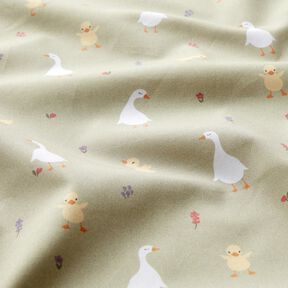 GOTS Bavlněný popelín roztomilé husy a kuřátka | Poppy Fabrics – šedobéžová, 