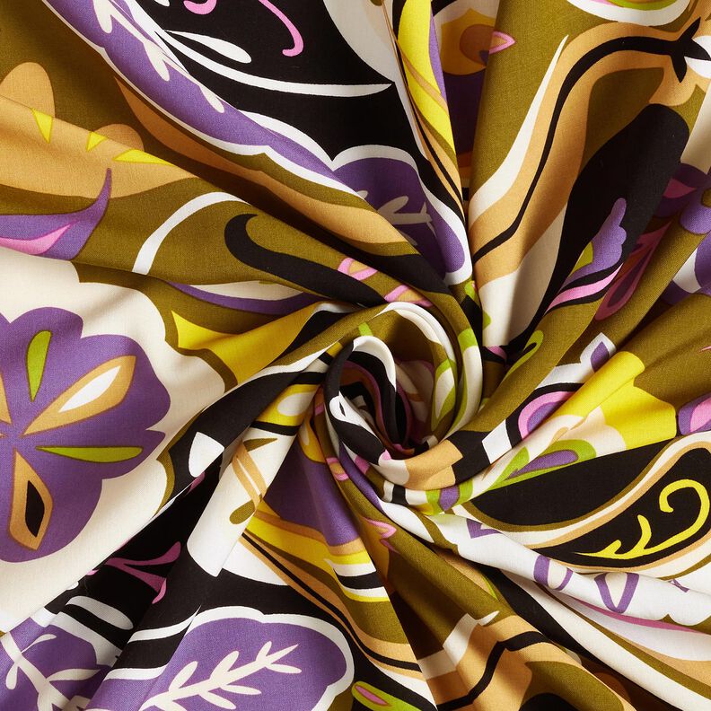 Viskózová tkanina Retro květiny – olivová/světle fialova,  image number 3