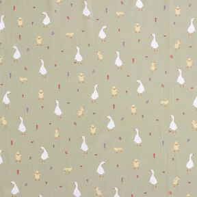 GOTS Bavlněný popelín roztomilé husy a kuřátka | Poppy Fabrics – šedobéžová, 