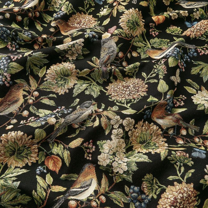 Dekorační látka Gobelín Květiny a ptáci – černá/zelená,  image number 2