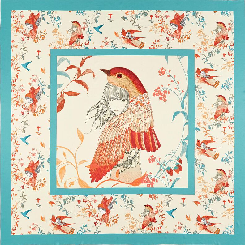 Saténový panel s ptáky a vílami | Katia Fabrics – modrá aqua/kremová, image number 1