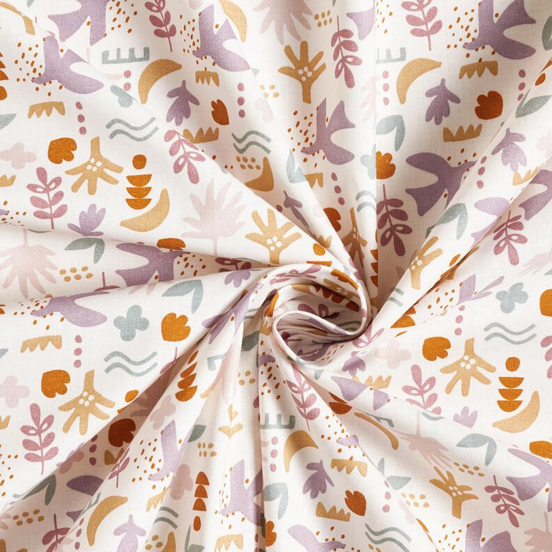 Bavlněná látka Kreton Abstraktní ptáci – vlněná bílá/pastelově fialová,  image number 3