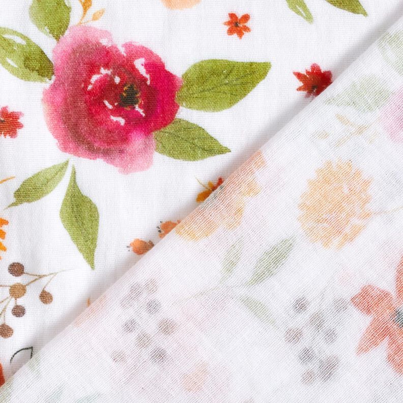 Mušelín / dvojitá mačkaná tkanina barevné akvarelové květiny digitální potisk – bílá,  image number 4