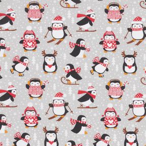 Bavlněná látka Kreton Tučňáci – stříbrně šedá, 