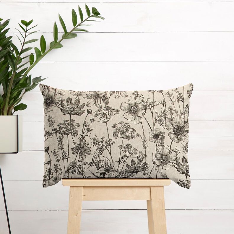 Dekorační látka Polopanama Květiny a trávy – přírodni/černá,  image number 6