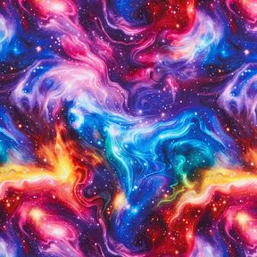 Francouzské froté letní teplákovina Galaxie digitální potisk – modrofialková/ohnivě červená, 