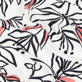 Lehká strečová tkanina s abstraktními liliemi – bílá/humrová,  Lehká strečová tkanina s abstraktními liliemi – bílá/humrová,