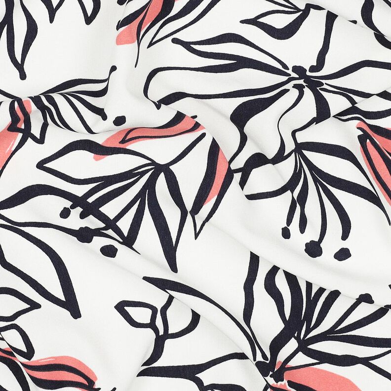 Lehká strečová tkanina s abstraktními liliemi – bílá/humrová,  image number 2