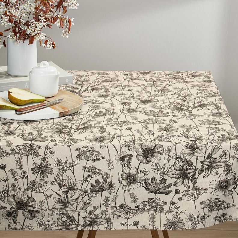 Dekorační látka Polopanama Květiny a trávy – přírodni/černá,  image number 7