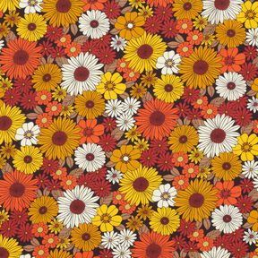 Visk&oacute;zov&aacute; tkanina Letn&iacute; květiny &ndash; slun&iacute;čkově žlut&aacute;/čern&aacute;, 