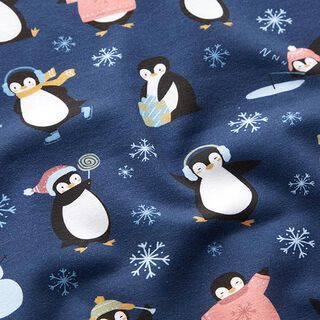 Bavlněný žerzej Zimní tučňáci digitální potisk – namornicka modr, 